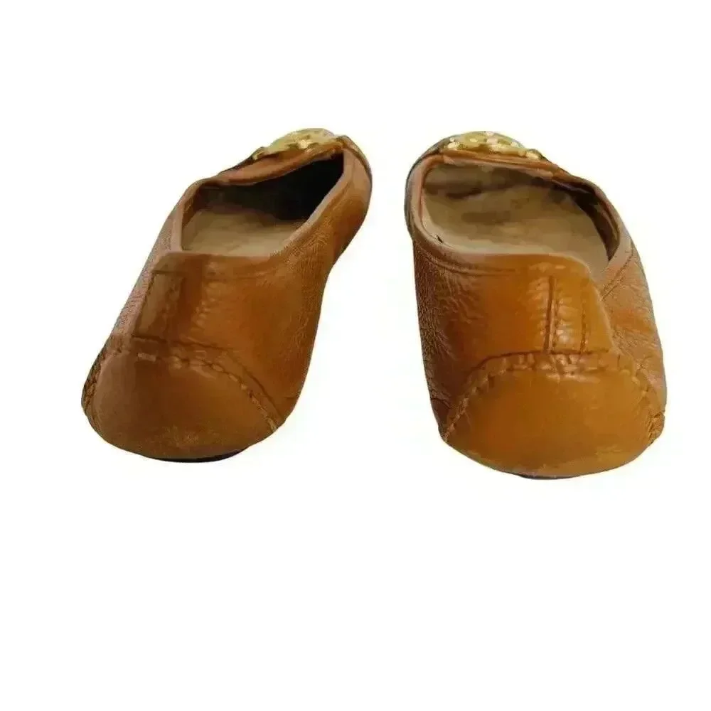 Michael Kors Brown Leather Flats Loafers Gold MK Emblem Women's Size 8.5